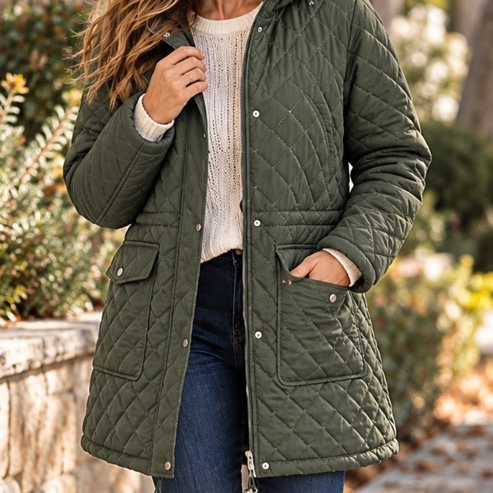 Harve Benard Olive Green Quilted Parka Jacket Removable Hood Women Large